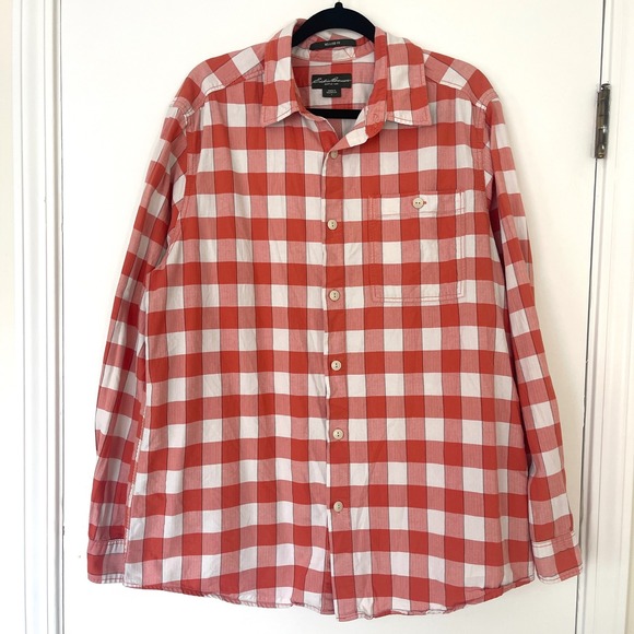 Eddie Bauer Mens Large Relaxed Fit Burnt Orange Check Button Up Shirt SU7256 - Picture 1 of 10